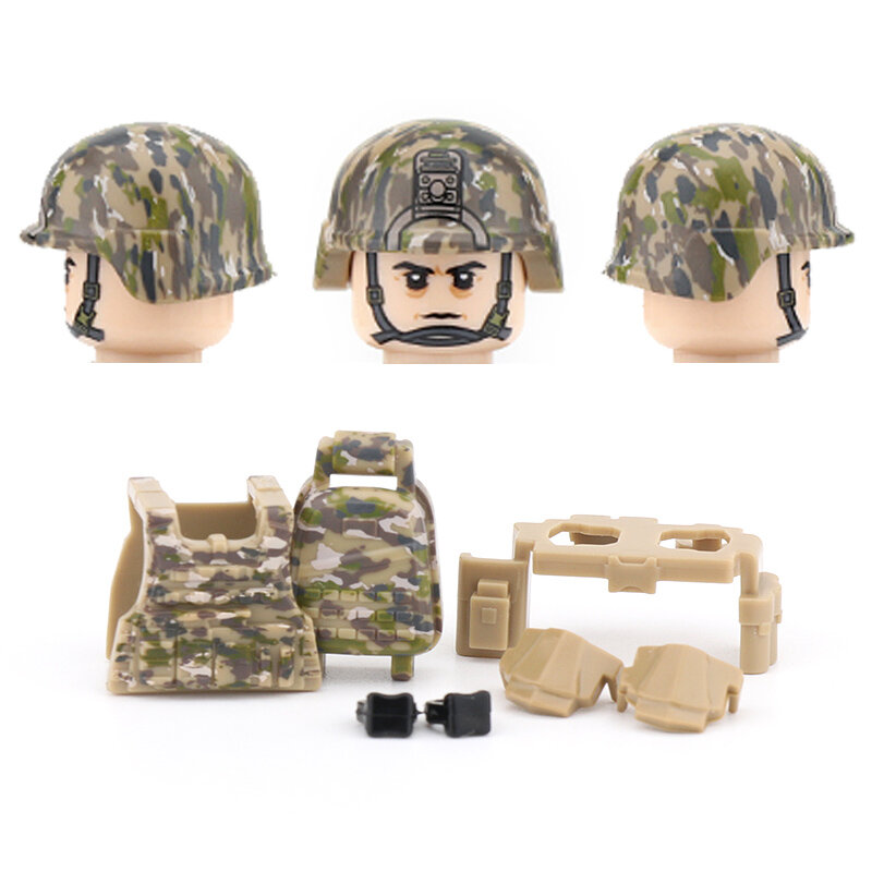 US Army 101 All Terrain Camouflage Special Forces Helmet Building Blocks Assault Soldiers Figures Weapon Vest Part Bricks Toys