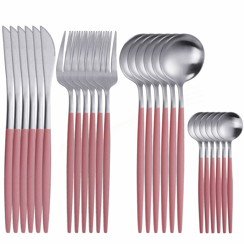 Steel Cutlery Kitchen Tableware Stainless Steel Cutlery Set Matte 24pcs Pink Silver Dinnerware Set Spoon Fork Knife Dinner Set