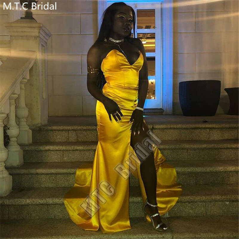 Sexy Gold Mermaid Long African Prom Dresses High Slit Sweetheart Shiny Satin Plus Size Black Girl Wedding Party Gowns Wholesale