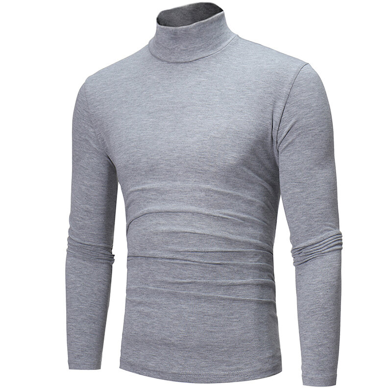 Camisas masculinas de gola alta e manga longa, camiseta de cor sólida com corte slim, preto, branco e cinza, modelo novo, 2020