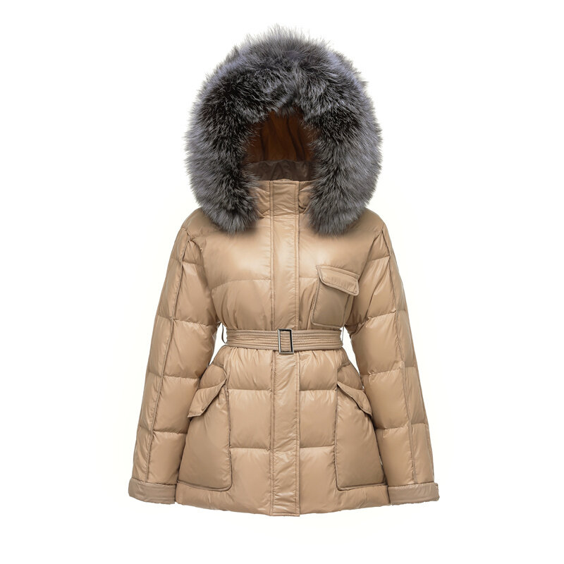 Женское пальто на белом утином пуху с капюшоном и поясом, теплая парка большого размера с натуральным лисьим мехом, зимняя верхняя одежда, 2023