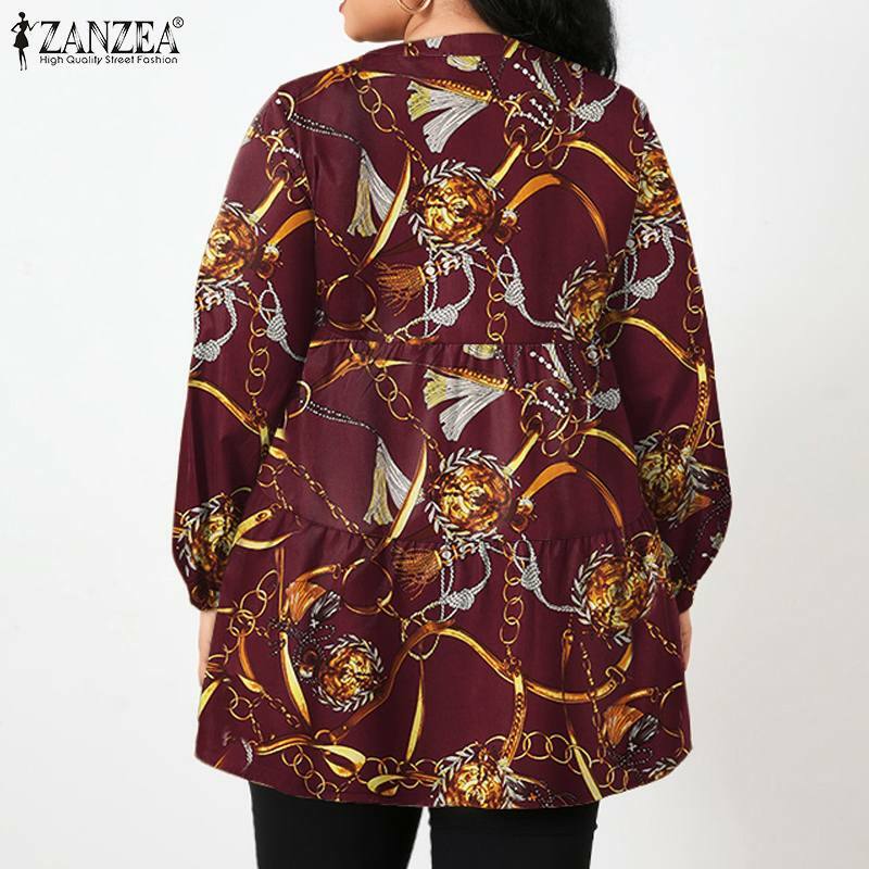 Herbst OL Übergroßen Tops Frauen Casual Chemise ZANZEA Vintage Gedruckt Hemd Elegante Rüschen Bluse 2021 Mode Langarm Blusas