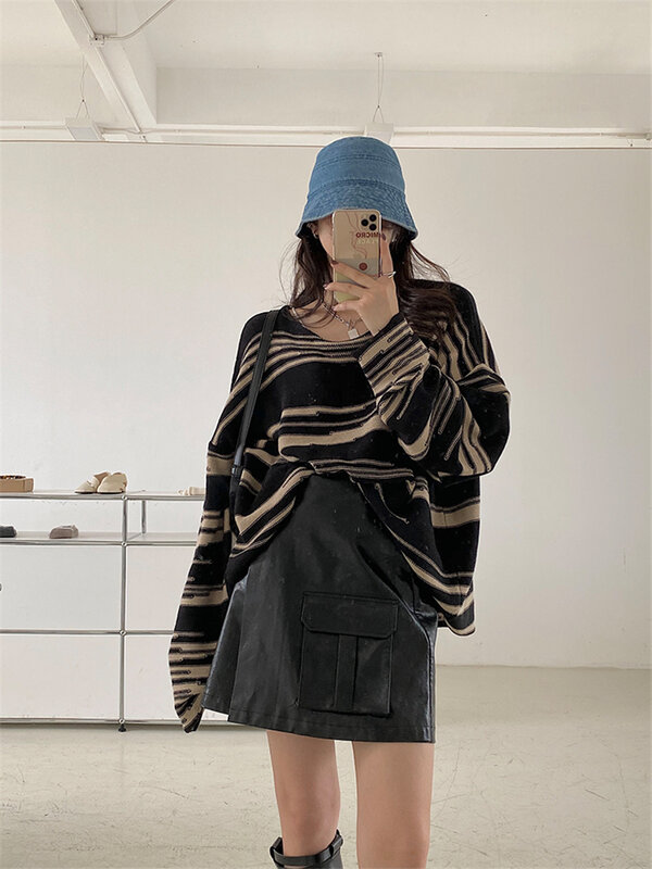 Женский свитер в стиле панк/готика, Свободный пуловер в полоску с длинными рукавами, повседневный вязаный пуловер большого размера в стиле ...