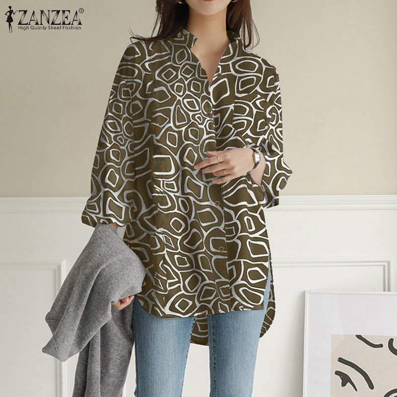 Модная Офисная Женская блузка с принтом, весна 2021, туника ZANZEA с длинным рукавом, повседневные свободные блузы, блузки большого размера с отв...