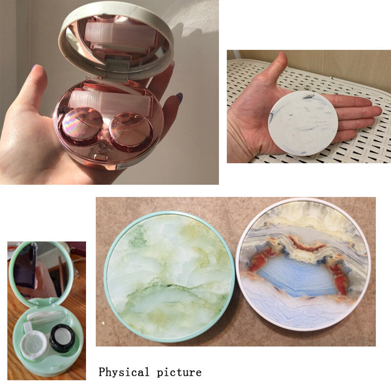 Estojo de lentes de contato de superfície de mármore, lentes de contato com espelho, caixa para cuidados com os olhos, kit de imersão de lentes de contato