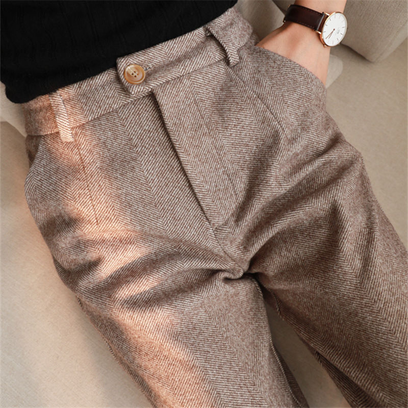 Pantalones de lana Harem para mujer, pantalón de tubo de cintura alta, traje informal de oficina, otoño e invierno, 2021
