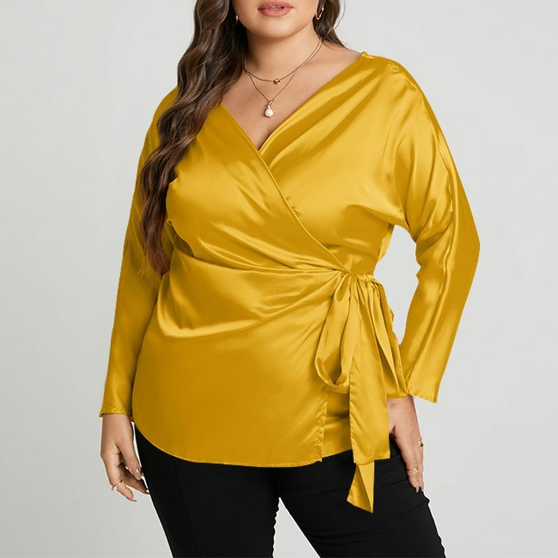 VONDA Plus Größe Bluse 2022 Herbst Frauen Einfarbig V-ausschnitt Elegante Satin Tops Sexy Party Shirts Langarm Blusas belted 5XL