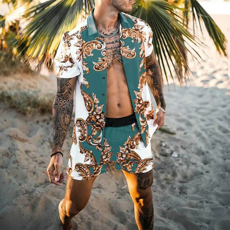 2021 novos conjuntos de impressão dos homens do verão tendência da moda havaiano casual conjunto dos homens turn-down colarinho camisa e calções de praia terno de duas peças