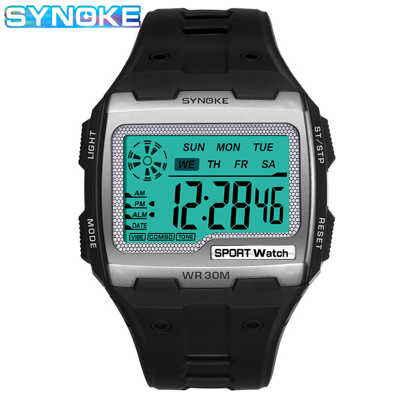 SYNOKE-스퀘어 디지털 남성 시계, LED 방수 충격 방지 남성 스포츠 시계, 캐주얼 대형 다이얼 전자 시계, 남성 시계
