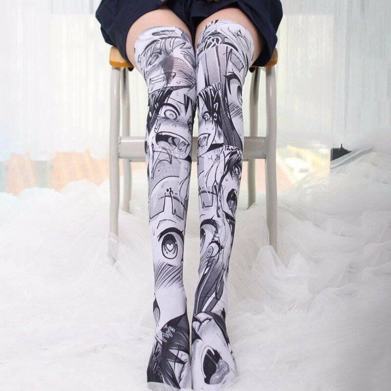 Calcetines por encima de la rodilla con estampado de dibujos animados, disfraz de Lolita, estilo gótico, Sexy, terciopelo