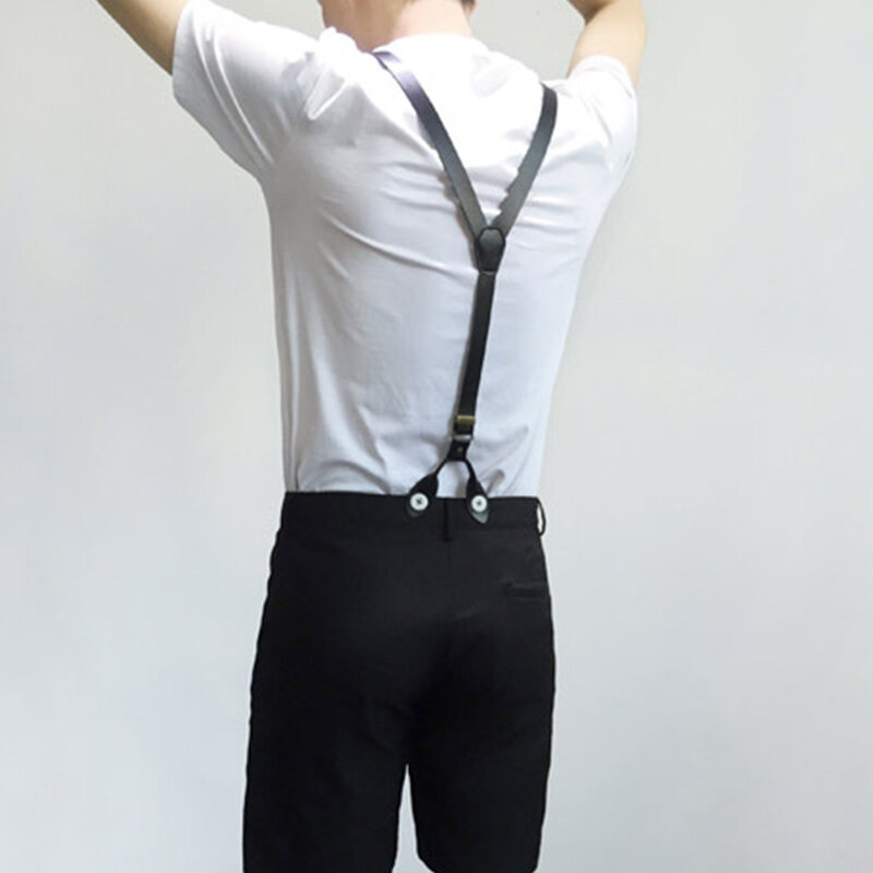 กว้าง 20 มม.ผู้หญิง/ผู้ชายสีดำของแท้หนังปุ่ม Suspenders คาวบอยสวมใส่สบายๆ Vintage Cowhide แยก unisex วงเล็บ