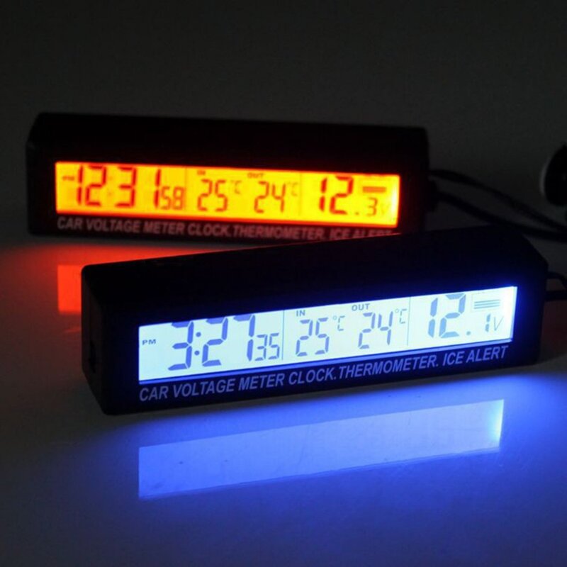 EC88 3 in 1 Function Car Clock & Voltage Meter &Thermometer Blue Orange Dual Color Display Outdoor AND Indoor