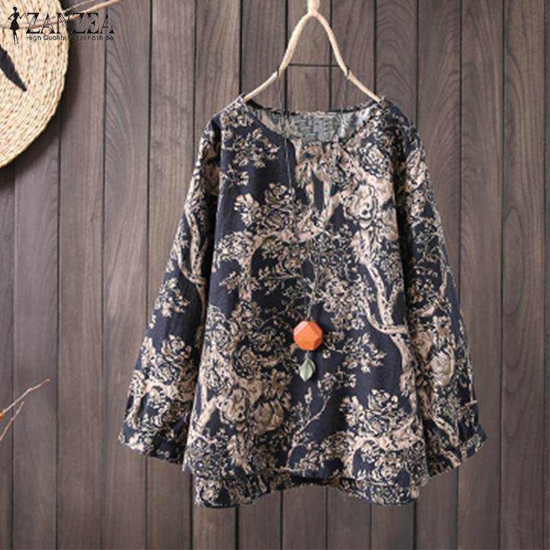 ZANZEA-Blusa de lino y algodón con manga larga para Primavera, camisa informal holgada con estampado Floral, estilo bohemio, para mujer