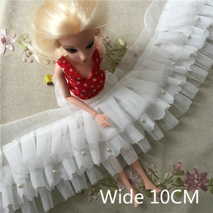 10cm Wide Luxury White Beaded Pleated Mesh Chiffon 3d Lace Ribbon Trim Fabric For Garment Dress Collar Applique Sewing Supplies