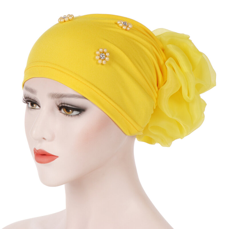 Hijab musulman en soie au lait, chapeau, perles élastiques, foulard de tête, Turban, casquette, Turban, queue de fleur