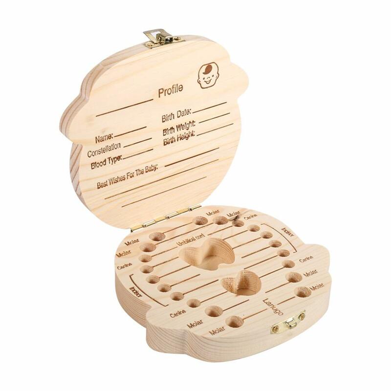 Caja de almacenamiento de madera para dientes de bebé, organizador para dientes de leche de alta calidad con impresión en español/inglés/francés/ruso