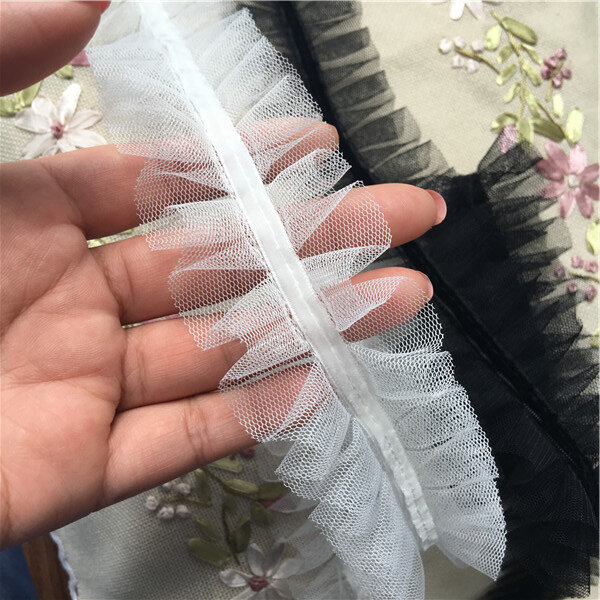 5CM Wide White Black Pleated Folds Mesh Tulle Lace Applique Neckline Trim Ribbon For DIY Curtain Garment Dress Sewing Supplies