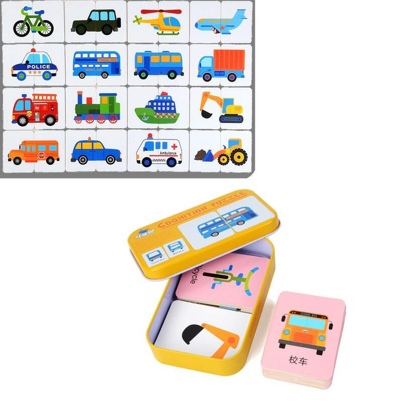 Tarjetas de rompecabezas cognitivo antidesgarro Vehículo de dibujos animados/Animal/fruta par juego a juego rompecabezas tarjetas educación preescolar