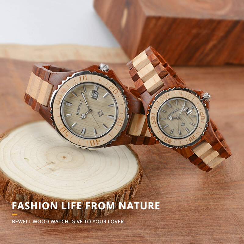 BEWELL Luxury Couple Watch For Lover As Gift To Sweetheart Friends Wooden Lovers Waterproof Watch With Calendar Luminous 100BC