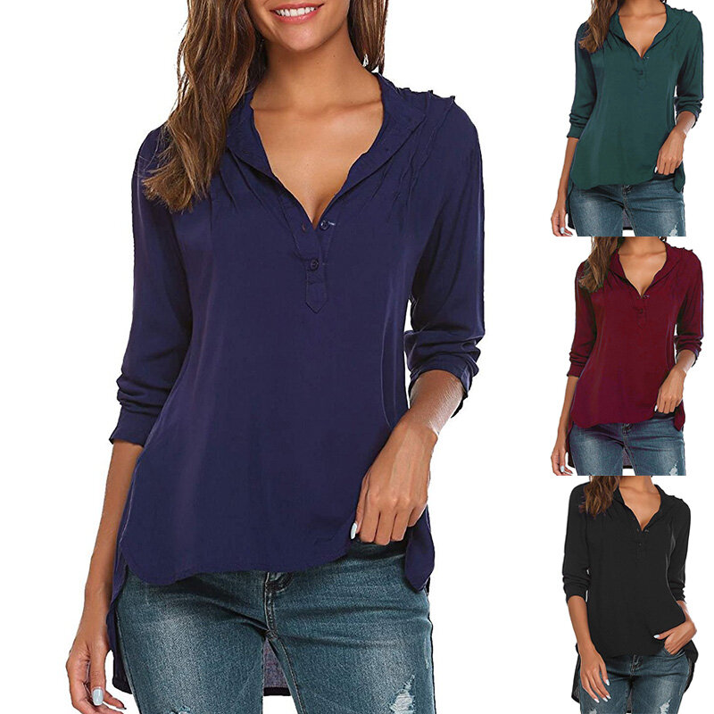 Nowych kobiet przycisk z długim rękawem asymetryczny Hem luźne stałe bluzka bluzki koszula sweter