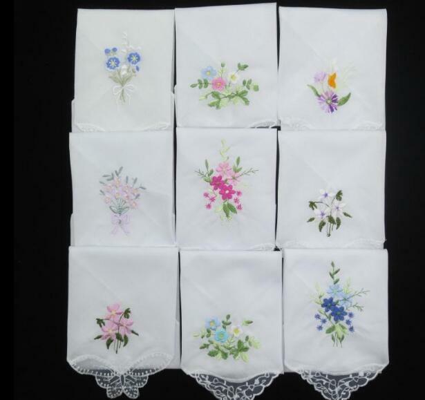Pañuelo de algodón de lujo para mujer, tela bordada con flores y encaje Floral, Color aleatorio, 3 uds.