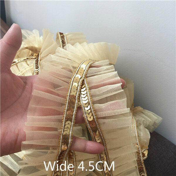 4.5cm Wide Delicate Golden Sequins Embroidered Ribbon Pleat Lace Collar Applique Edge Trim For Sewing Skirt Clothing Diy Crafts