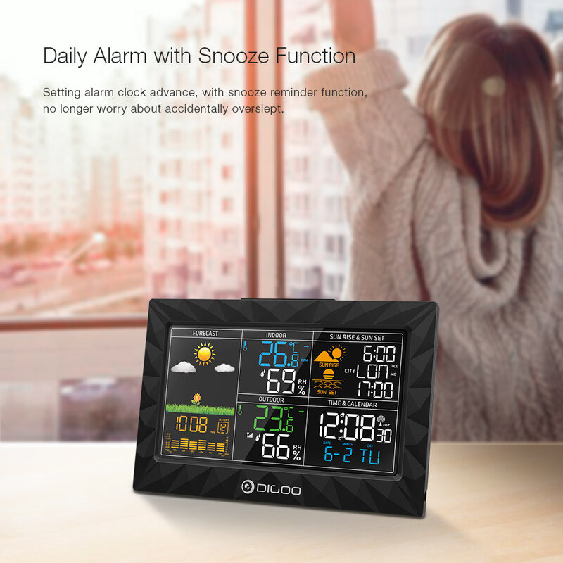 DIGOO DG-TH8988 LCD Color Weather Station + Outdoor Remote Sensor Thermometer Humidity Snooze Clock Sunrise Sunset Calendar