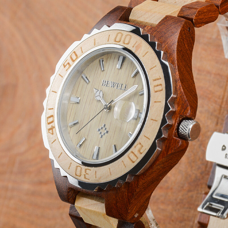 Reloj de pareja de lujo BEWELL para amantes como regalo a enamorados amantes de la madera reloj impermeable con calendario luminoso 100BC