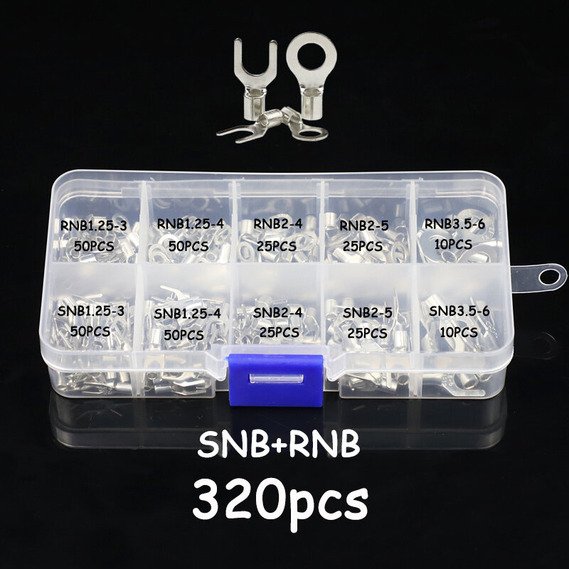 320 pçs/caixa 10 em 1 terminais não-isolado anel garfo u-tipo de latão terminais sortimento kit conector do fio do cabo crimp pá