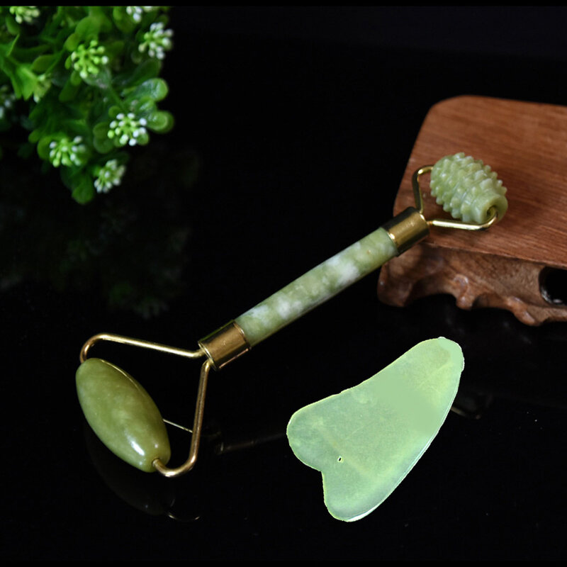 Gua Sha – Rodillo antienvejecimiento de jade para masaje, rodillo de jade natural masajeador para cara, conjunto de herramientas de terapia de masaje corporal, adelgazante, doble cabezal