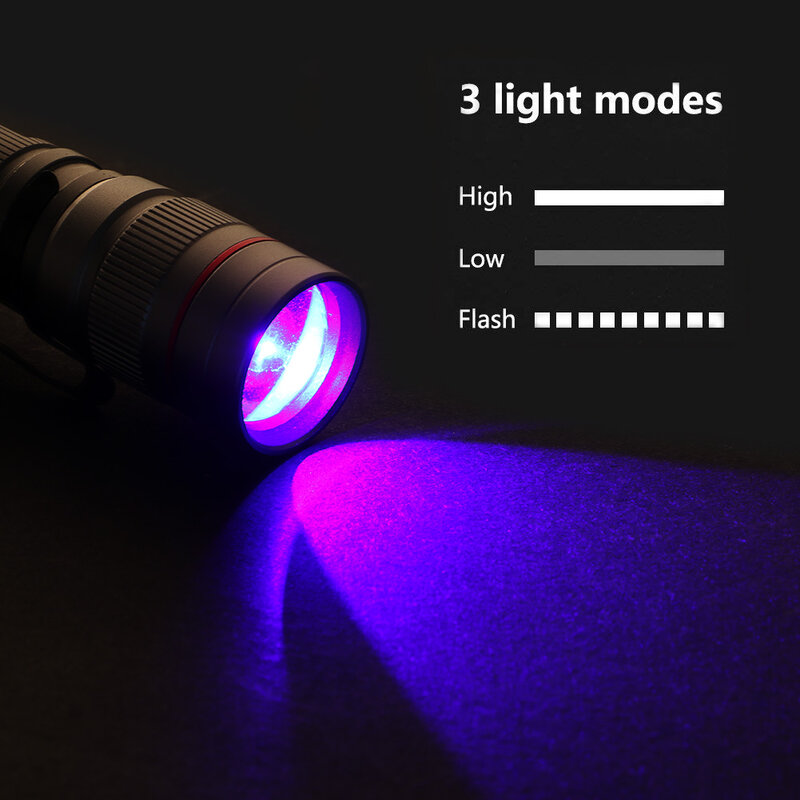 Sanyi LED UV 손전등 줌이 가능한 토치 울트라 바이올렛 라이트 UV 395nm 손전등 램프 AA/14500 마커 검사기 감지 용 배터리