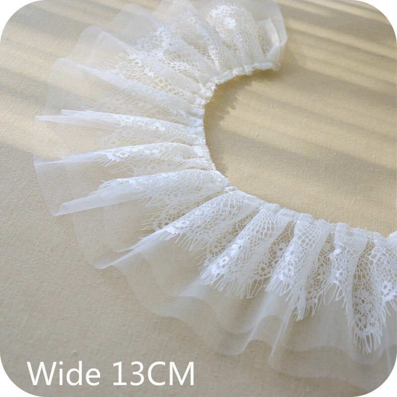 Wide 13CM Double Layers Pleated Eyelash Chiffon Tulle Fine Lace Elastic Ruffle Trim Ribbon Folded Sewing Lace Dresses Applique