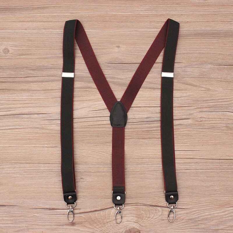 Retro man's Adjustable elastic braces fashion black Y-Back three-clip hook suspenders with leather vintage straps