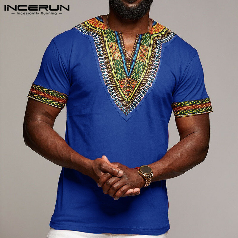 2020 afrykański Dashiki odzież męska T koszula V Neck z krótkim rękawem topy moda afrykańska tkanina z nadrukiem luźna koszulka męska Plus rozmiar INCERUN
