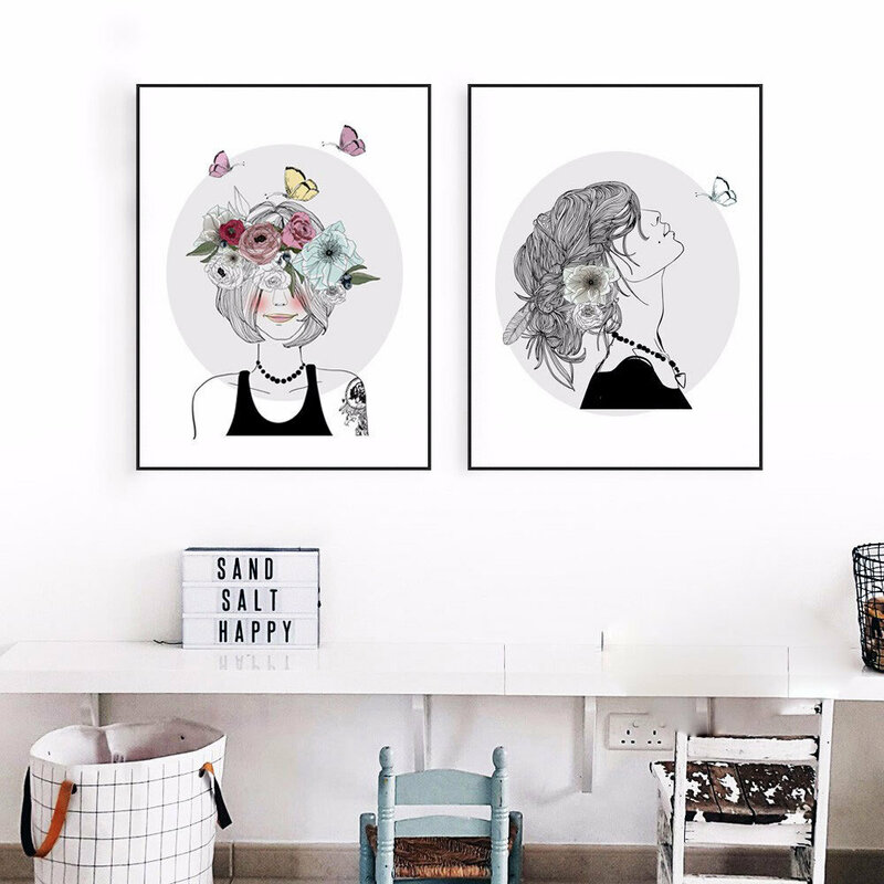 Nórdico minimalista cartazes e estampas menina e flor parede arte da lona cuadros decoracion dormitorio pintura cozinha quadro
