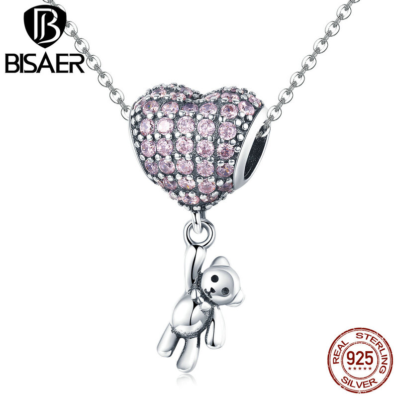 BISAER  Hot Fashion  925 Sterling Silver Original Love Heart Bears Pink CZ Crystal Beads Charms Fit Charm Jewelry Making GXC1054