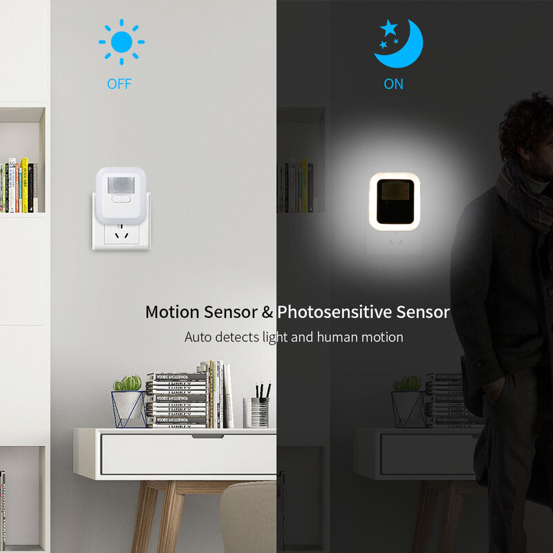 Luz LED enchufable con Sensor de movimiento, lámpara nocturna de pared con brillo 30s/60s/90s/120s, tiempo de iluminación ajustable para sala de estar