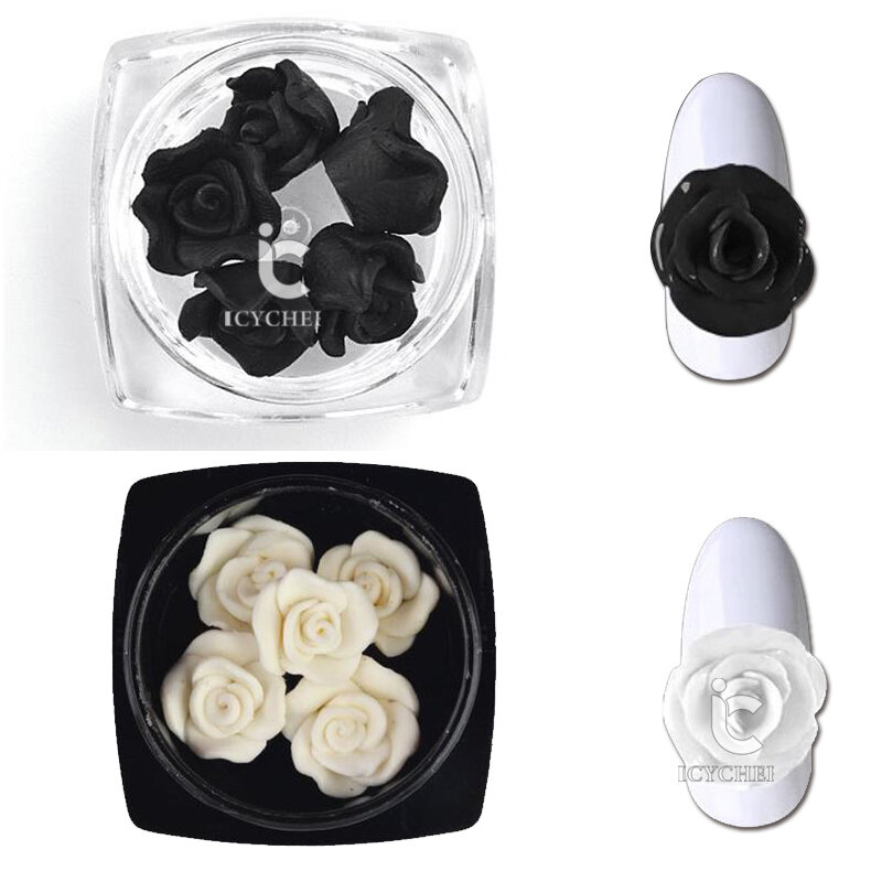 ICYCHEER 5pcs Black & White Nail Art 3D Fimo Rose Flower Charm Nail Art Tips For Acrylic UV Gel Slice DIY Design Tool Manicure