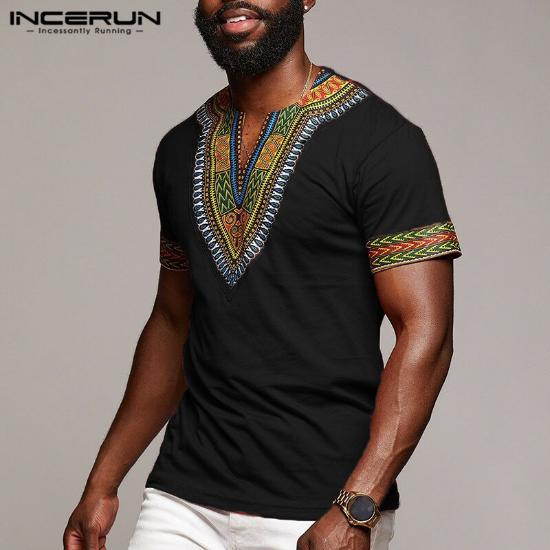 2020 afrykański Dashiki odzież męska T koszula V Neck z krótkim rękawem topy moda afrykańska tkanina z nadrukiem luźna koszulka męska Plus rozmiar INCERUN