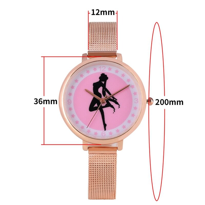Популярные японские аниме Модные женские наручные часы розовые пятиконечные звезды циферблат Тонкий Сетчатый ремешок женские часы Подарки для женщин девочек