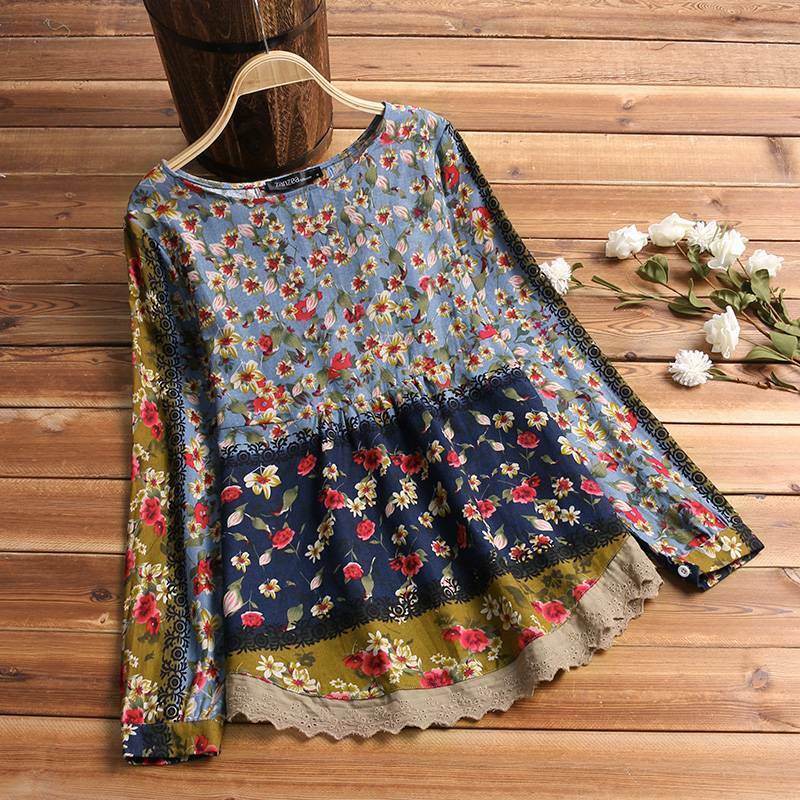 ZANZEA-Blusa Vintage con estampado Floral para mujer, camisa de manga larga con encaje de retales, Blusa informal de lino y algodón, 2022