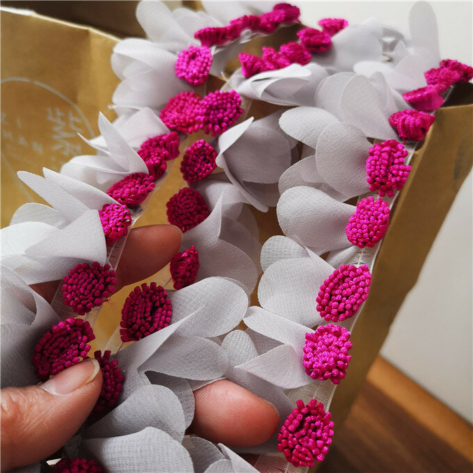 4CM Wide 3D Flowers Chiffon Luxury Tulle Lace Embroidery Organza Ruffle Trim Ribbon Applique Women Dress Collar Sewing Fabric
