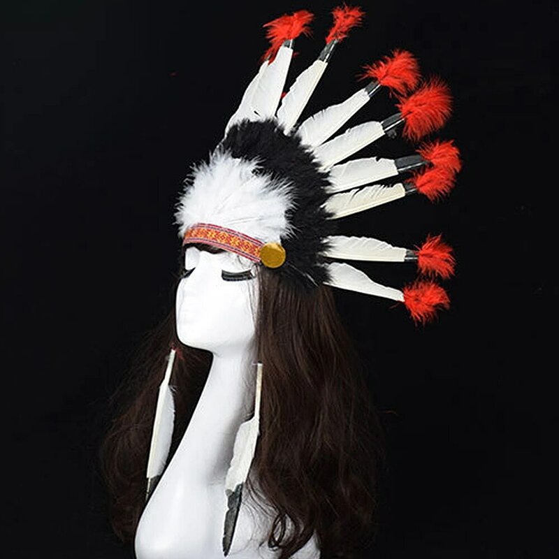 Cosplay adereços pena headdress indiano chieftain chapéu dia do carnaval dia das bruxas headwear villus chiefs boné festa headwear