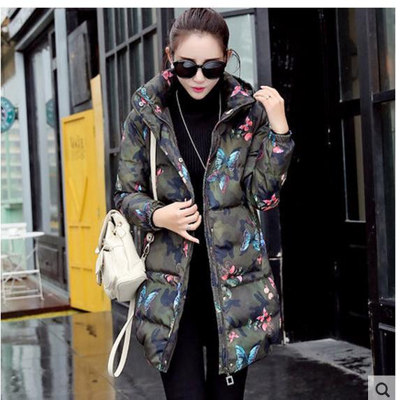 2021 mulheres seção longa coreano fino camuflagem impresso algodão acolchoado jaquetas casual inverno e primavera com capuz algodão parkas k16