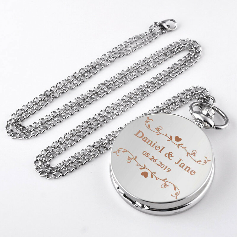 Reloj de bolsillo de cuarzo con números y esfera blanca para hombre y mujer, cadena con carcasa plateada personalizada, regalo de aniversario de boda, novedad
