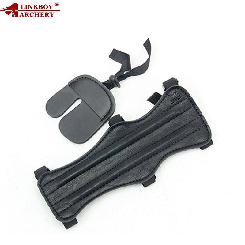 Linkboy-Conjunto de equipo Protector de tiro con arco, brazalete de brazo de cuero, guante Protector de dedo de mano, accesorio de caza para tiro al aire libre, 2 uds.