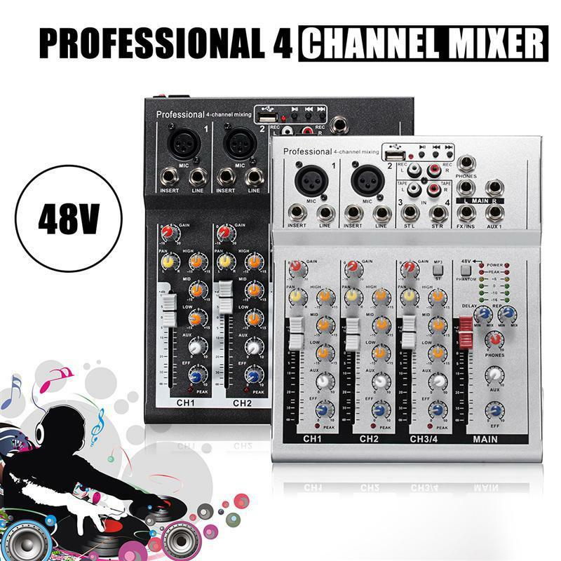 US plug black Mini Karaoke Audio Mixer Amplifier Professional Microphone Mixing Sound Console 4 Channel USB 48V Phantom Power