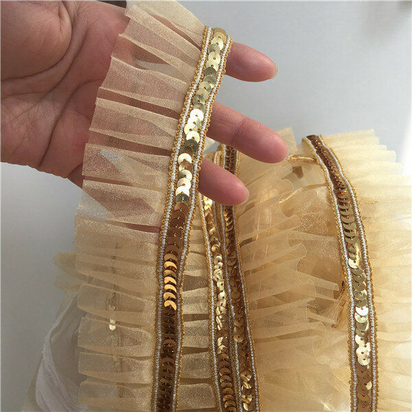4.5cm Wide Delicate Golden Sequins Embroidered Ribbon Pleat Lace Collar Applique Edge Trim For Sewing Skirt Clothing Diy Crafts