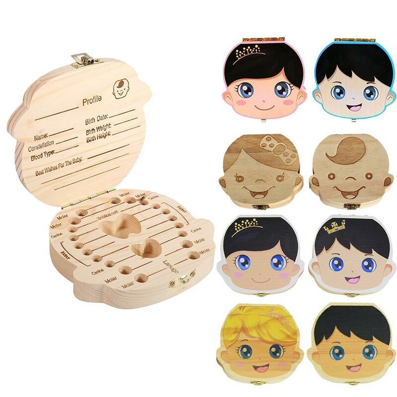 Lovely Wooden Kids Tooth Box Wooden Boy Girl Save Milk Teeth Collection Organizer in Spanish English French Russian