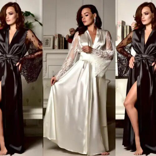 Womens Solid Sexy Silk Satin Lace Long Sleeve Deep V Bathrobe Pajamas Robe Lingerie Sleepwear Nightwear